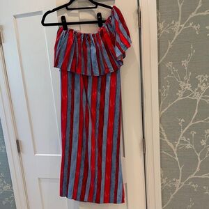 Pomander Place Red and Blue Striped One Shoulder Midi Dress